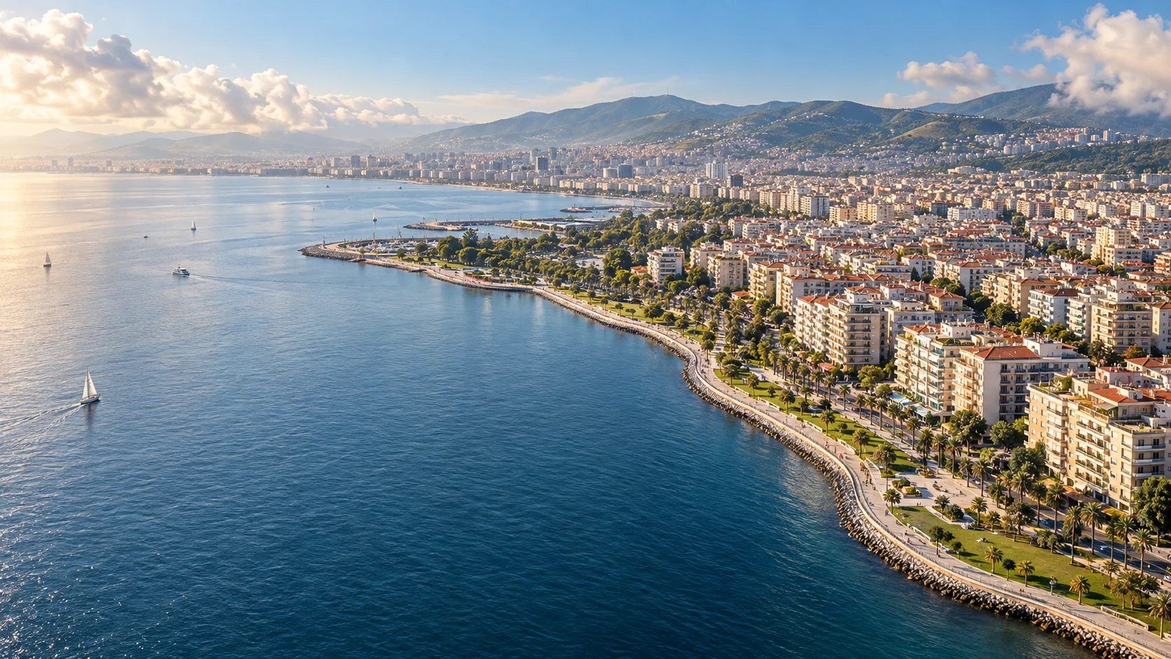 Bostanlı kıyısından ilham alan temsili havadan İzmir manzarası